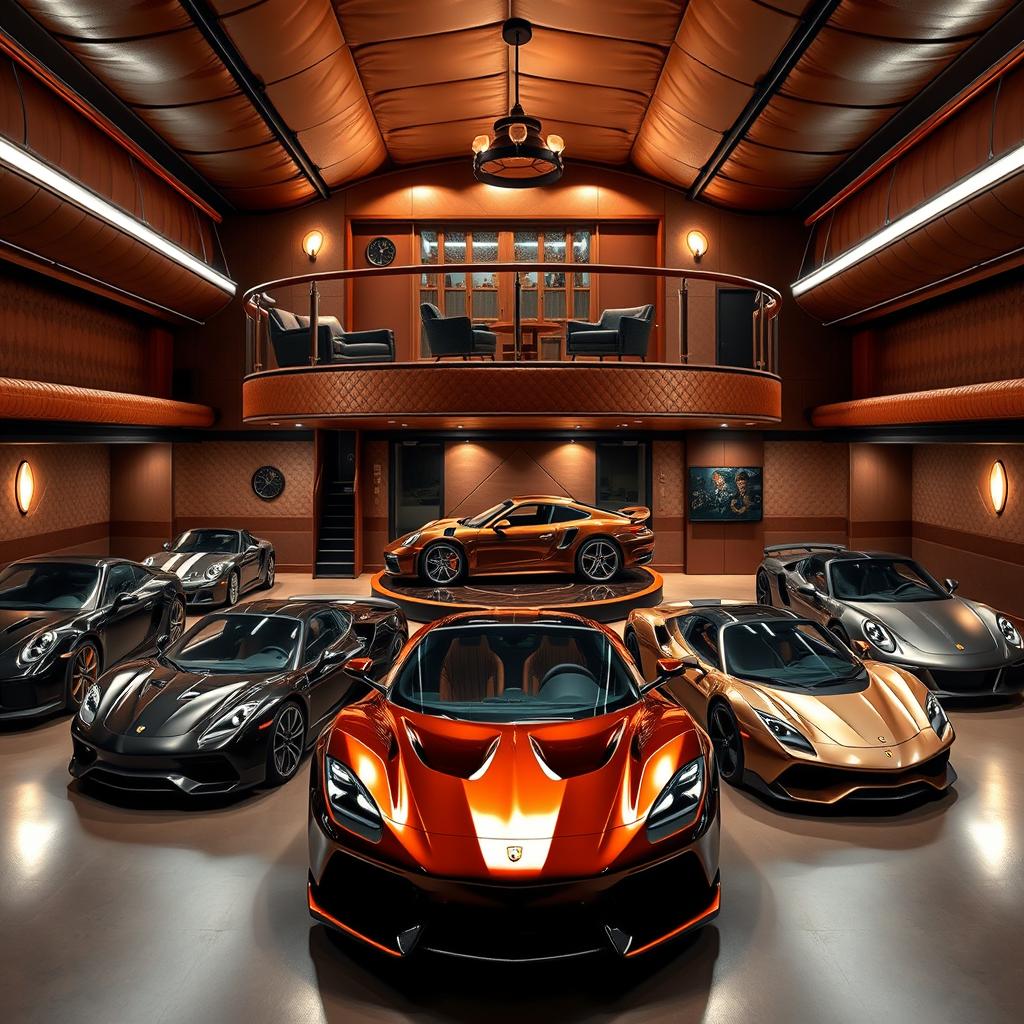 A luxurious indoor garage designed with a theme of leather and gentlemen, featuring rich brown tones throughout