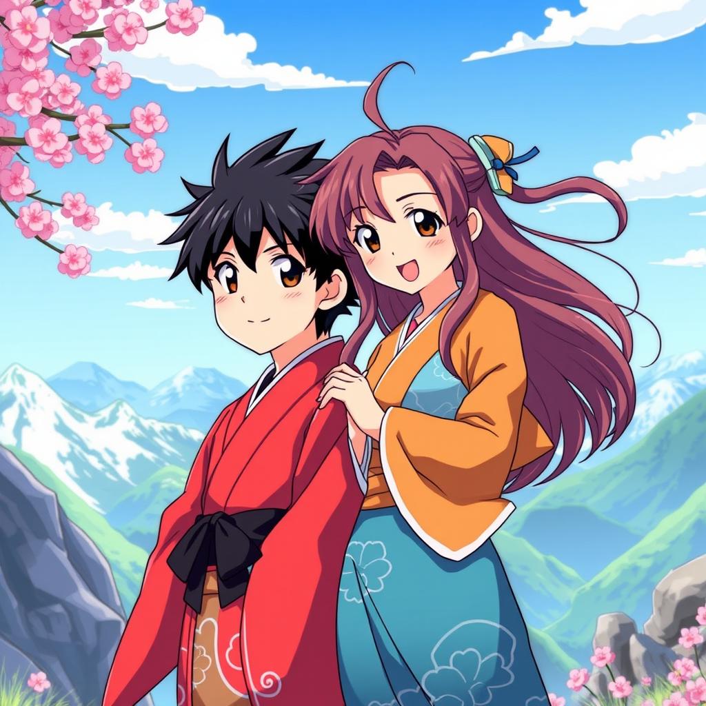 A vibrant anime-style illustration featuring a brother-sister duo inspired by Tanjiro and his sister from a popular anime