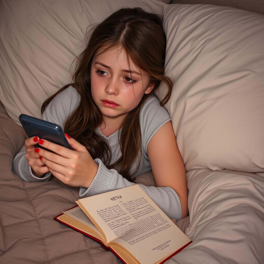 A girl lying on a bed, holding a smartphone, with tears streaming down her cheeks
