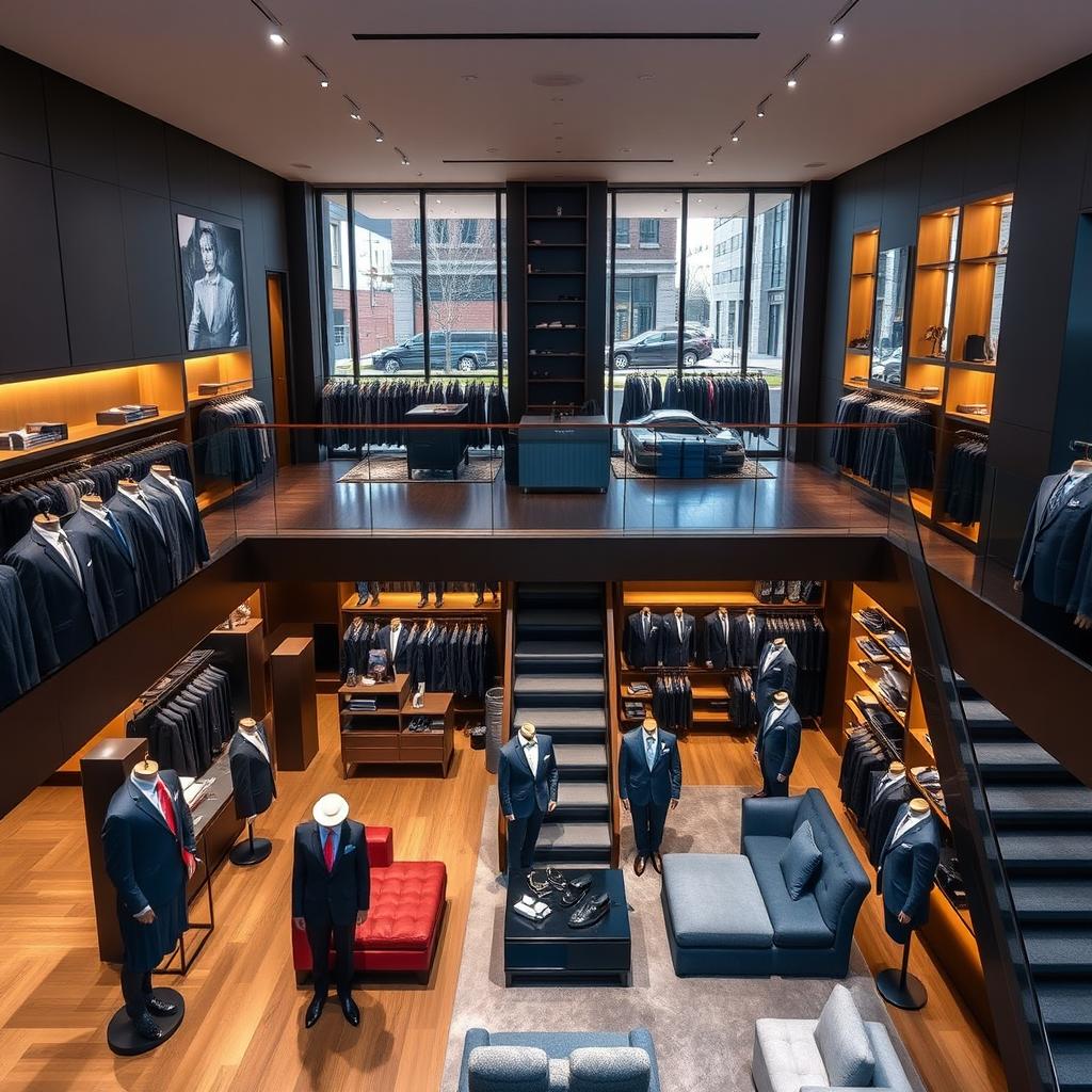 A two-story suit store interior, elegantly designed with a modern aesthetic