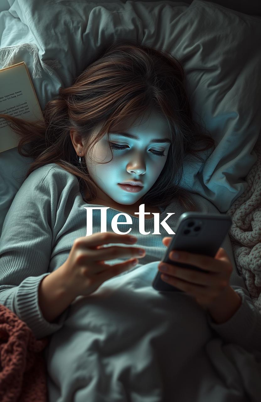 A scene depicting a girl lying on a bed holding a smartphone, tears streaming down her face, conveying a sense of sadness and emotional struggle