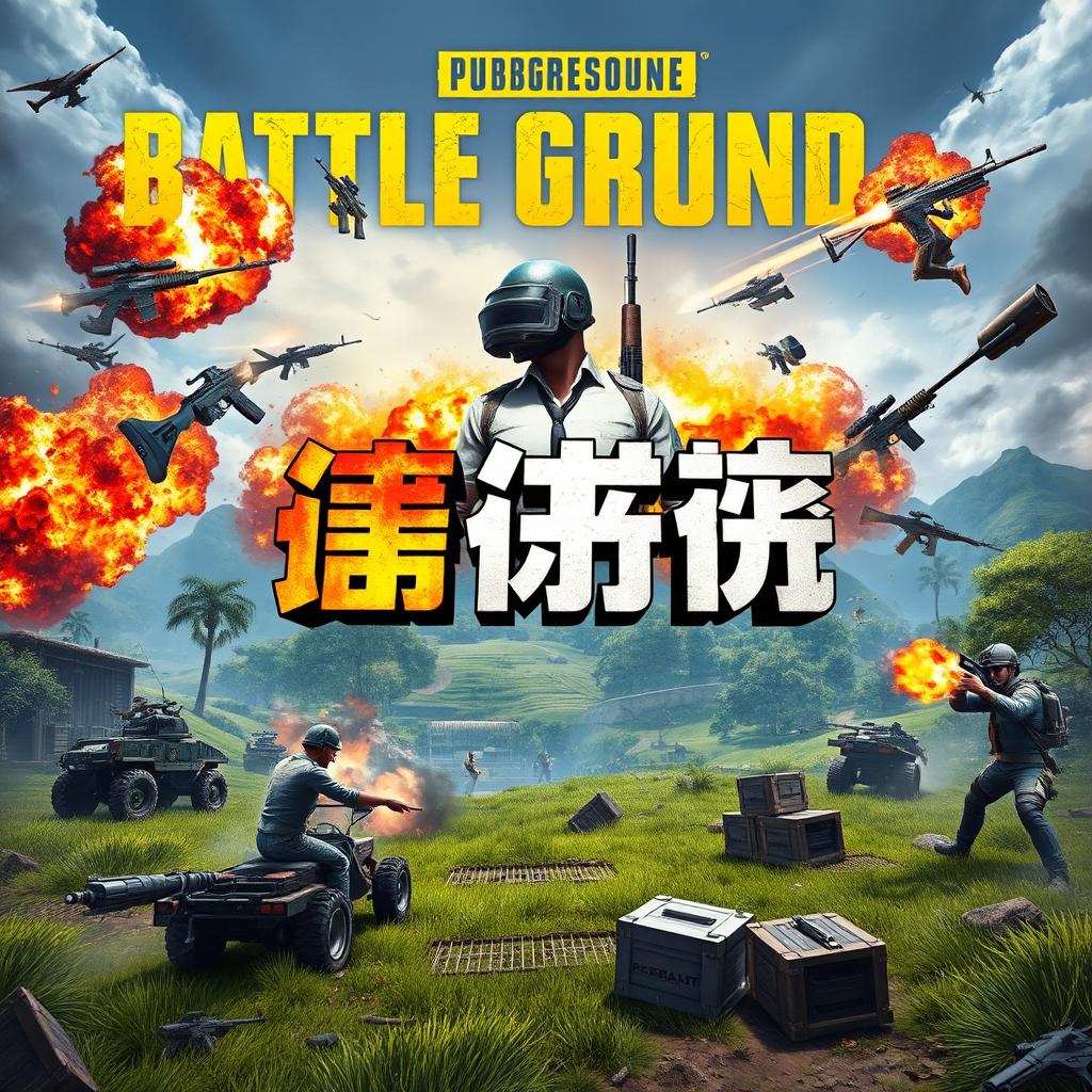 A vibrant and dynamic gaming background featuring elements from a battle royale game, inspired by PUBG, showcasing intense action scenes with players engaging in combat
