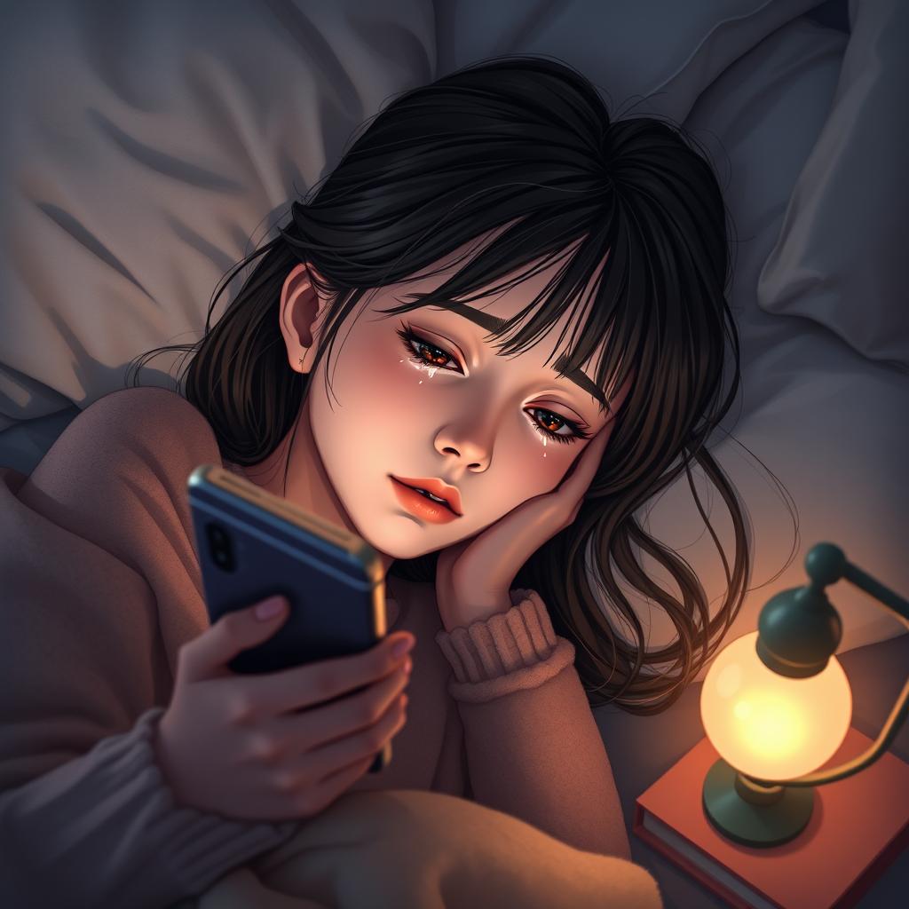 A scene featuring a girl lying on a bed, holding a smartphone close to her face, with tears streaming down her cheeks