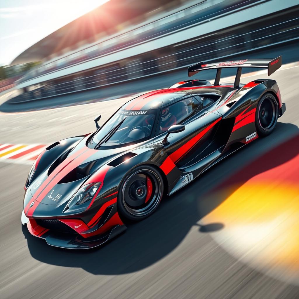 A sleek and powerful race car designed for speed, featuring an aerodynamic body, vibrant racing stripes, and high-performance wheels