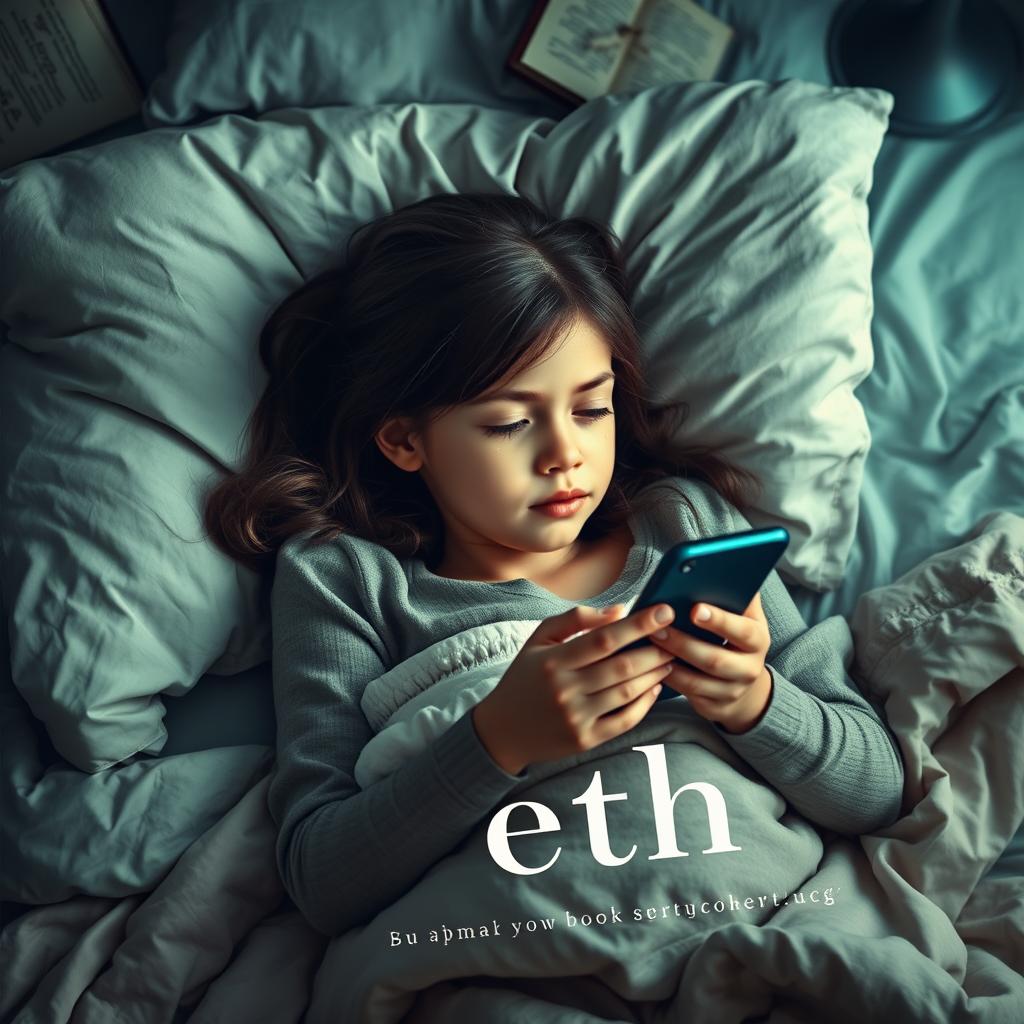 A book cover design featuring a girl lying on a bed, holding a smartphone with tears on her cheeks, showcasing a deep emotional expression