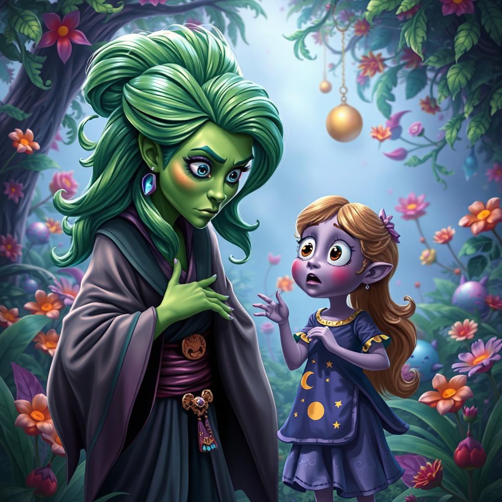 In a vibrant fantasy realm, a green-skinned woman with striking, emerald green hair is sternly scolding a young girl with purple skin and a surprised expression