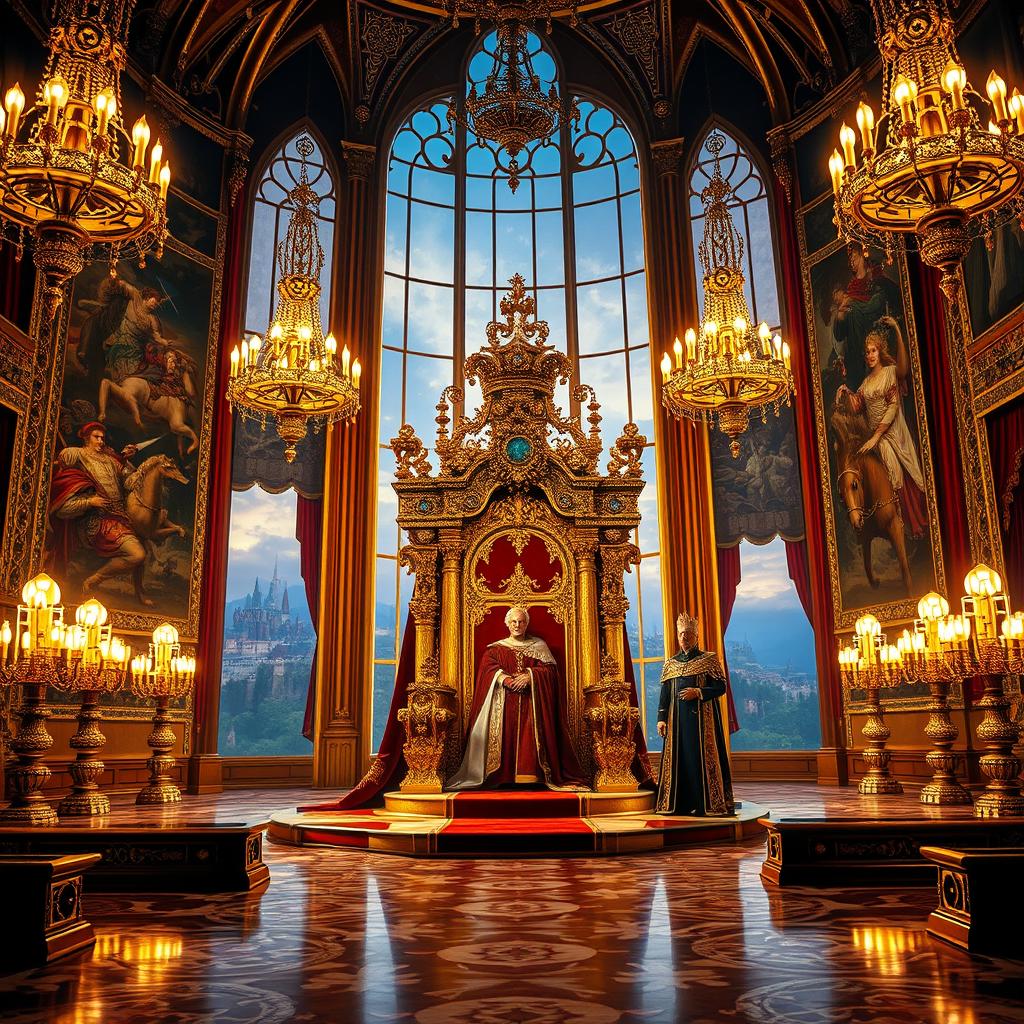 A majestic royal throne room filled with opulence and grandeur, featuring a large, ornate throne made of gold and adorned with jewels