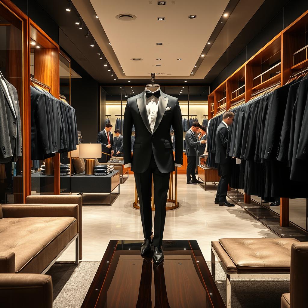 A stylish and elegant men's suit shop interior, showcasing a variety of well-tailored suits hung on polished wooden racks