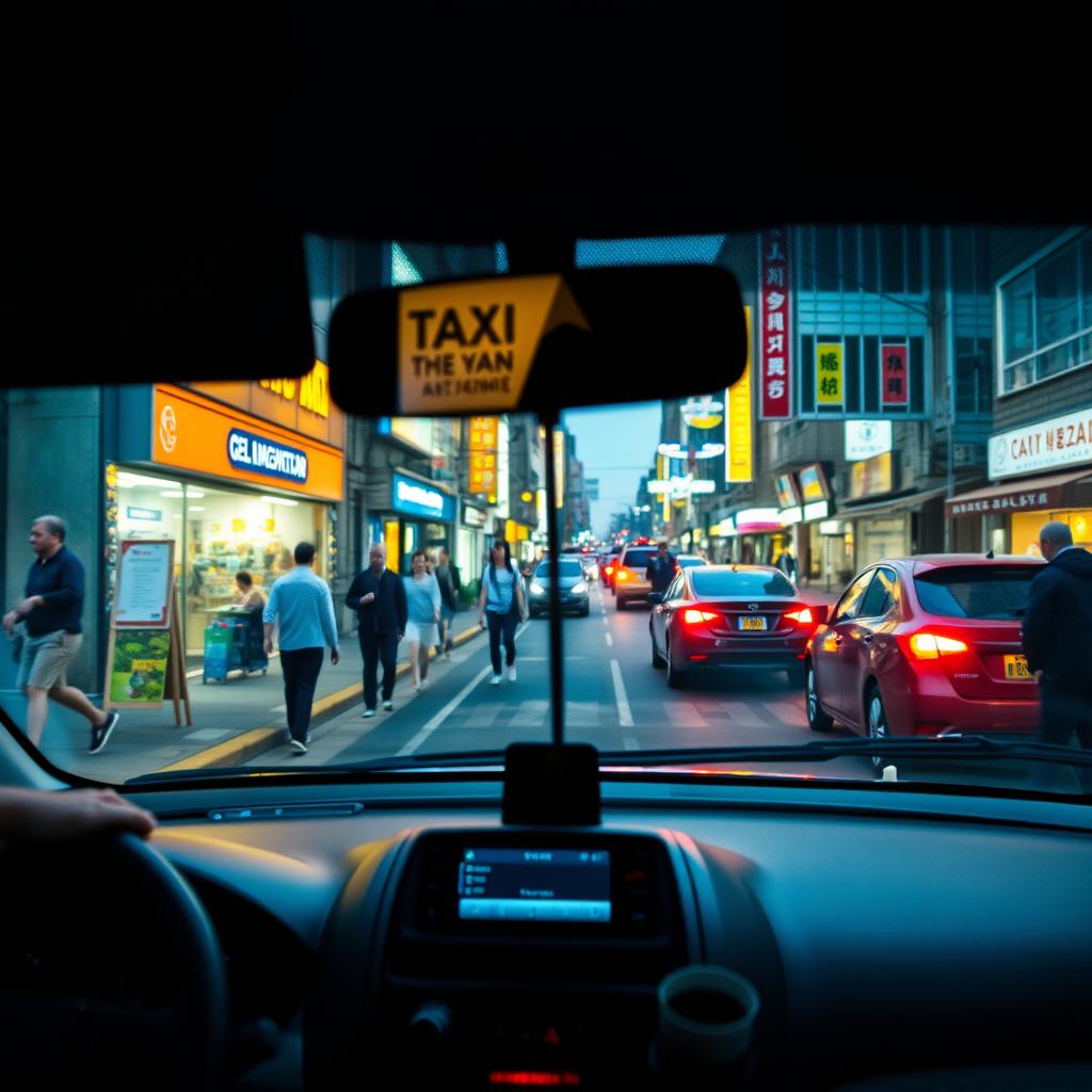 A captivating scene from the perspective of a taxi driver’s assistant, showcasing a vibrant street view through the windshield of a taxi