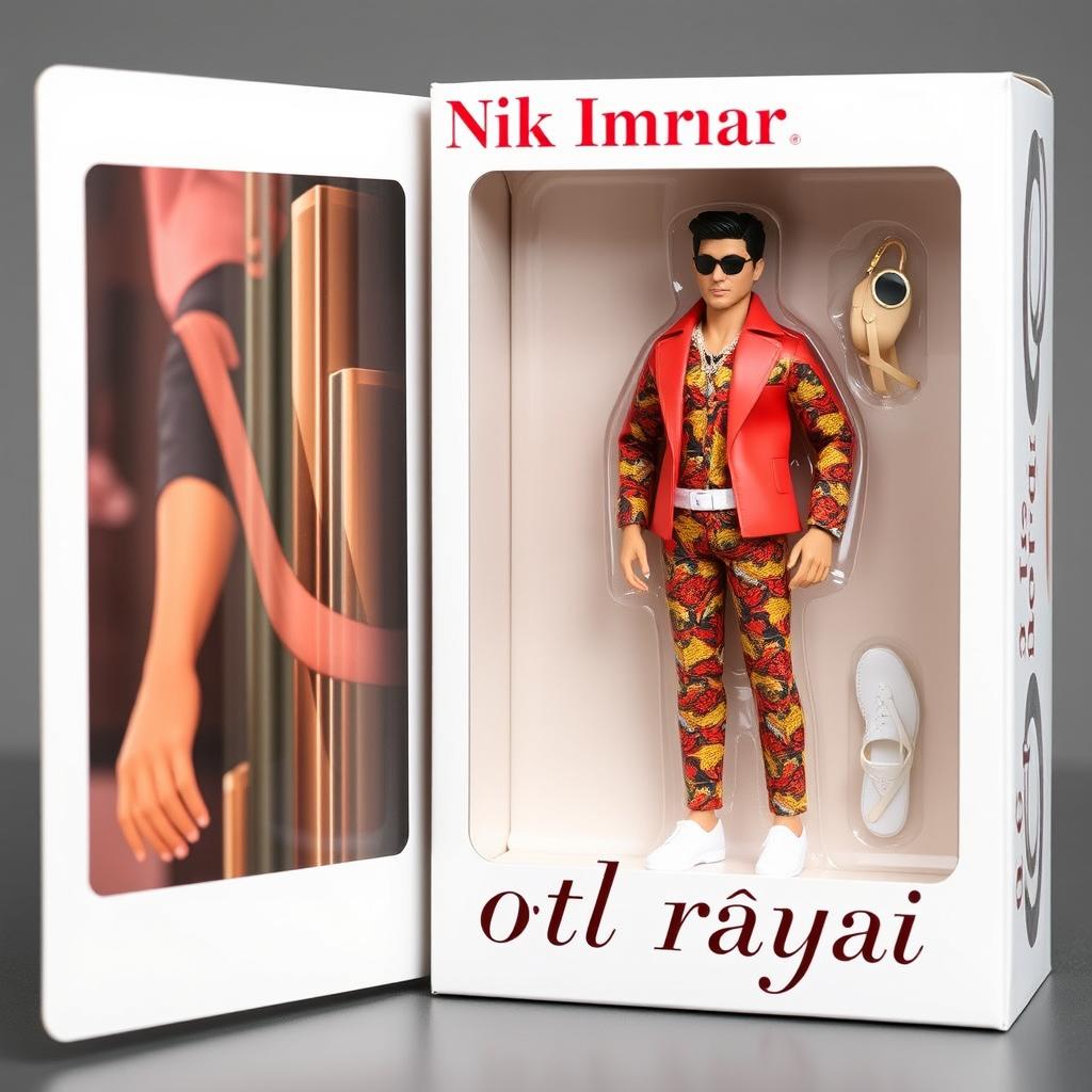 A realistic depiction of an action figure of a stylish individual, resembling Nik Imran, with meticulously designed features