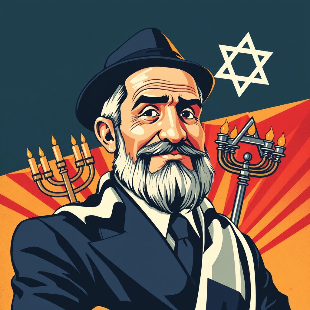 A 1940s propaganda style illustration featuring a Jewish man, characterized by exaggerated facial features and a confident posture, embodying the spirit of resilience and pride