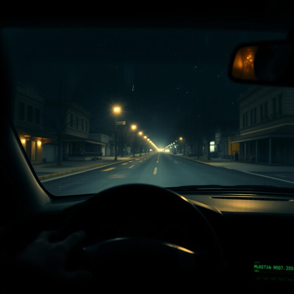 A driver's view from inside a taxi, capturing a dark and lonely street illuminated by the faint glow of streetlights