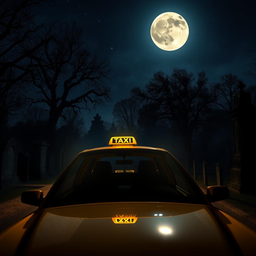 A taxi driving past a mysterious cemetery at night, with a full moon casting shadows over the gravestones