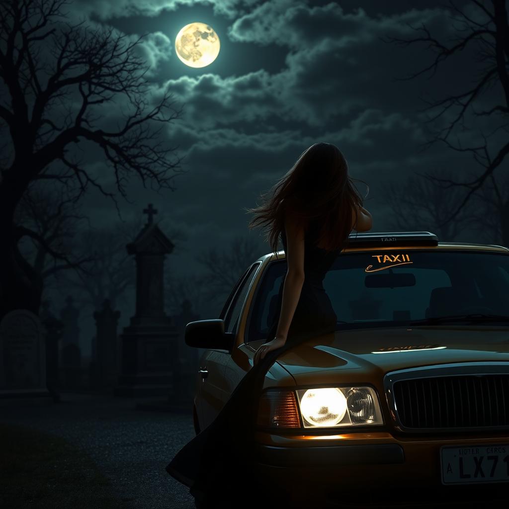 A nighttime scene depicting a taxi picking up a woman outside a cemetery
