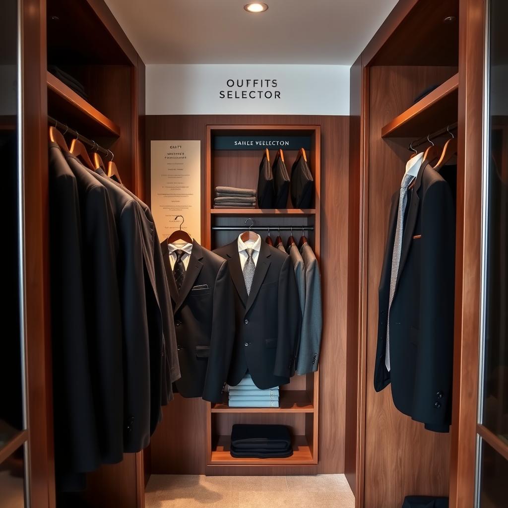 An open suit wardrobe displaying an assortment of elegant suits, neatly hung on velvet hangers