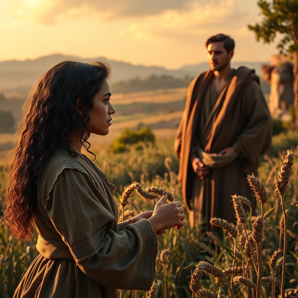 In a picturesque biblical setting, Ruth, a beautiful young woman with long curly hair and a Middle Eastern skin tone, is working diligently in the fields