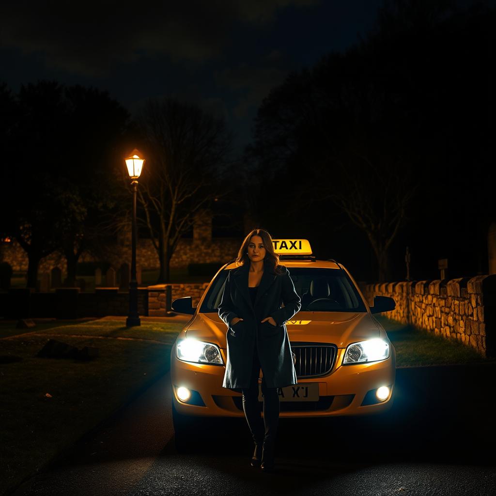 A taxi glowing under the warm streetlights outside a cemetery at night, ready to pick up a female passenger