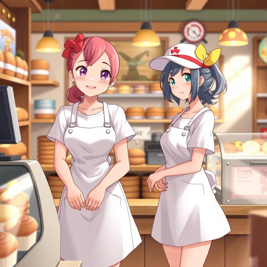 Two female characters inspired by Pokémon, both wearing white t-shirts, white overalls, and white aprons
