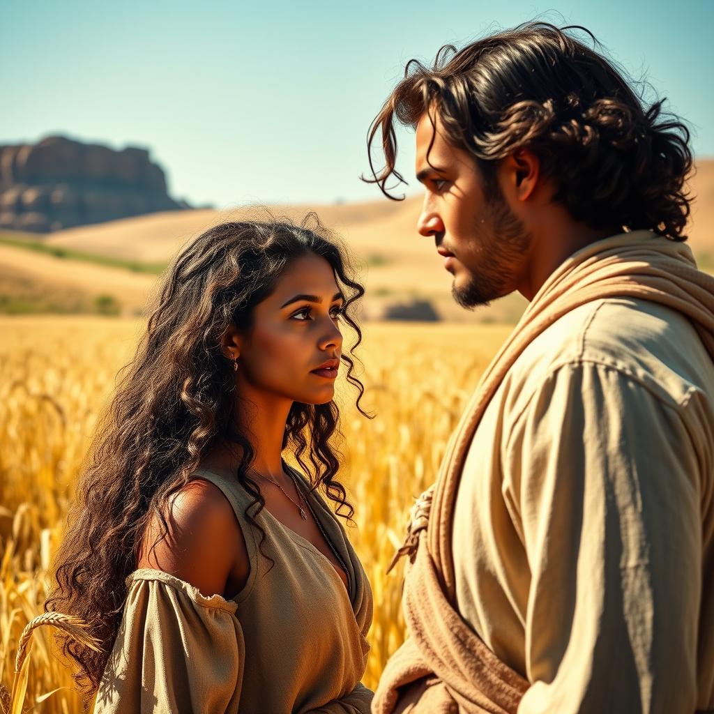 A beautiful young woman with long, curly hair and a Middle Eastern skin tone, dressed in simple, rustic clothing, laboring in golden fields during biblical times