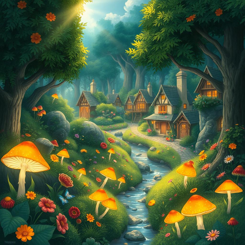 A beautifully detailed and enchanting landscape reminiscent of Studio Ghibli's animation style