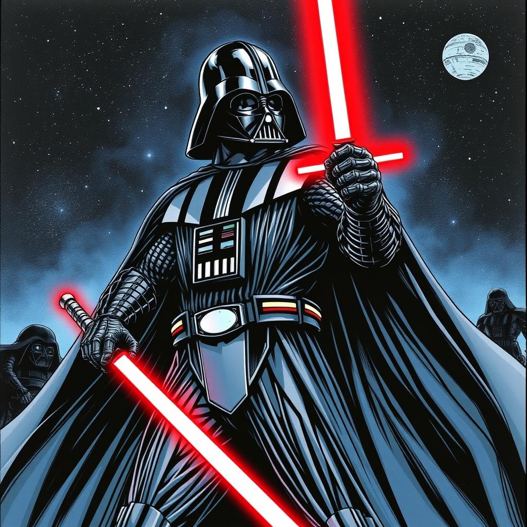 A dynamic illustration of Darth Vader in the iconic comic style of Jim Lee, showcasing his menacing figure in a striking pose