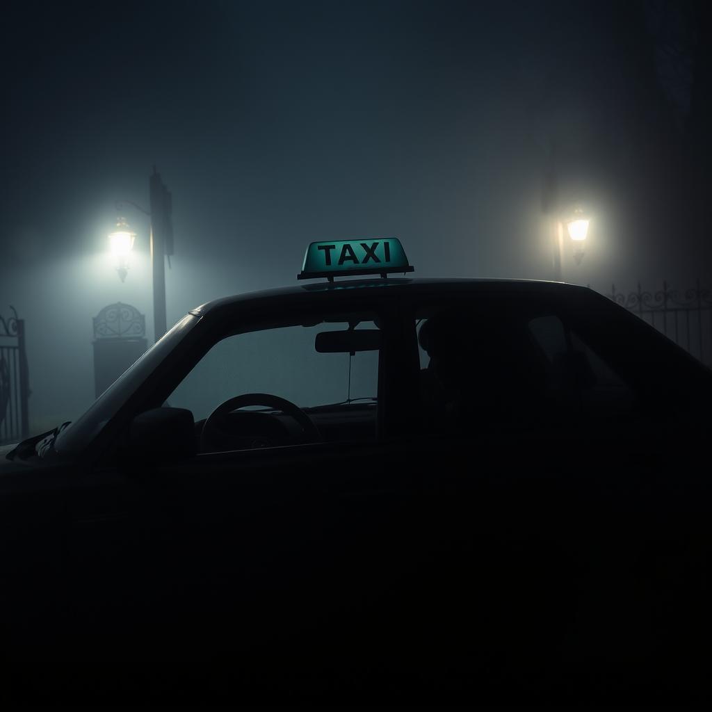 A taxi driver picking up a mysterious woman outside a foggy cemetery at night, cinematic lighting enhancing the dark atmosphere