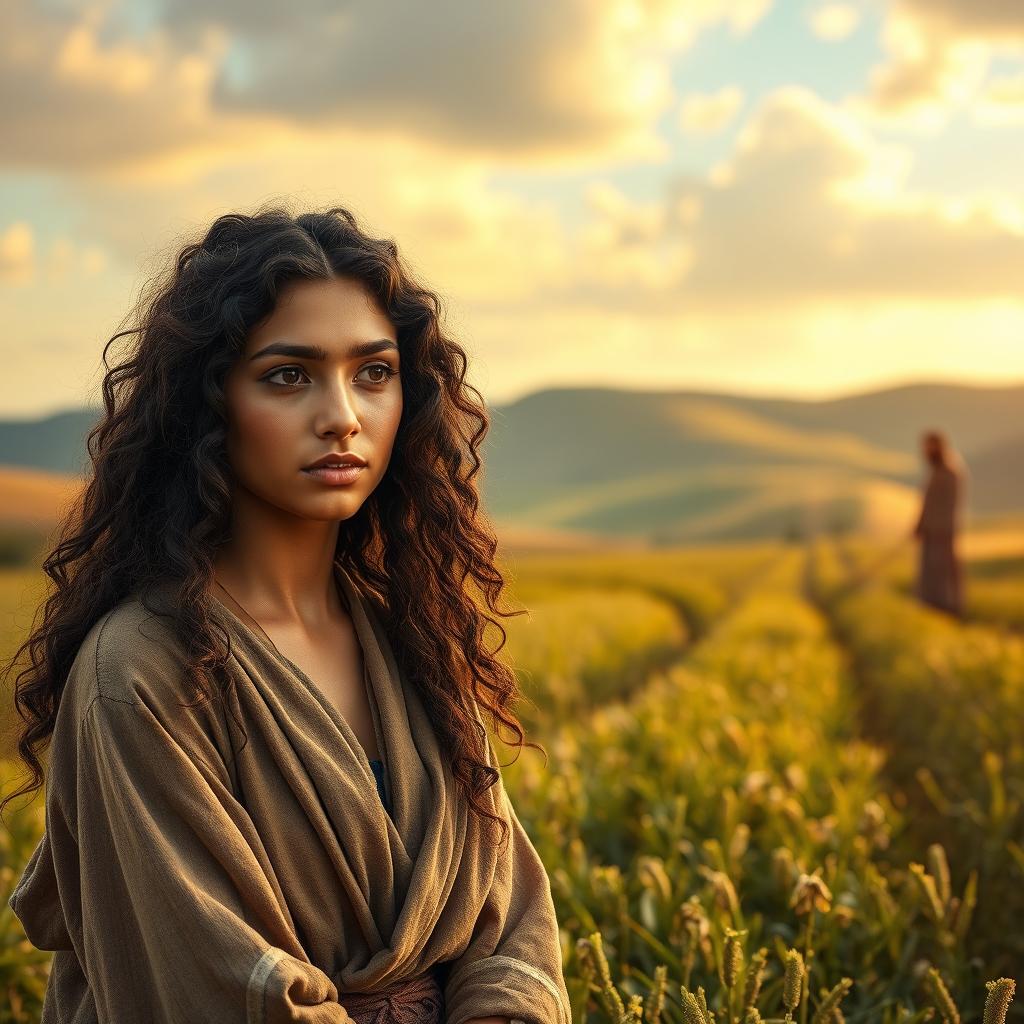 A beautiful young woman with long, curly hair and a Middle Eastern skin tone, dressed in modest, worn clothing, toiling in lush fields during biblical times