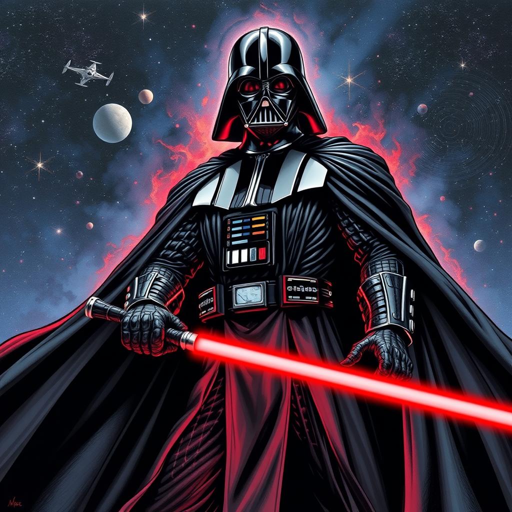 A stunning depiction of Darth Vader in the iconic comic style of Jim Lee, featuring the dark lord of the Sith in a powerful stance