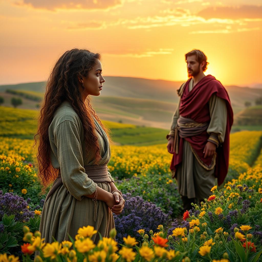 A beautiful young woman with long, curly hair and a Middle Eastern skin tone, dressed in modest, worn garments, laboring in vibrant fields during biblical times