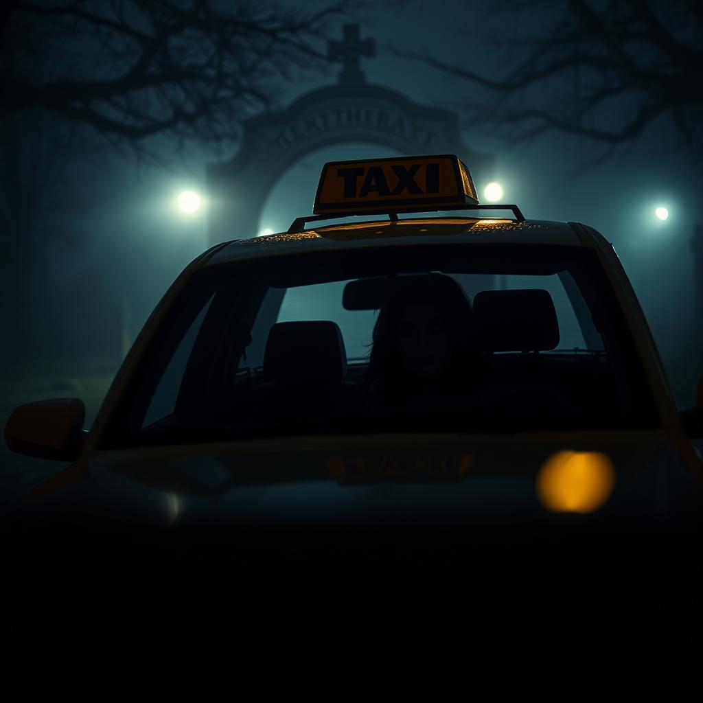 A taxi driver picking up a mysterious woman outside a foggy cemetery at night, with cinematic lighting creating a dark atmosphere