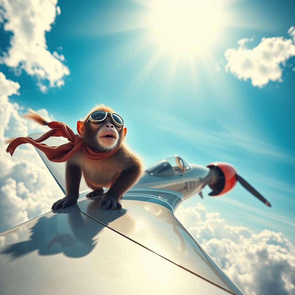 A surreal scene in the sky featuring a playful monkey with an adventurous expression, seamlessly integrated with the sleek and powerful design of a bombardier plane