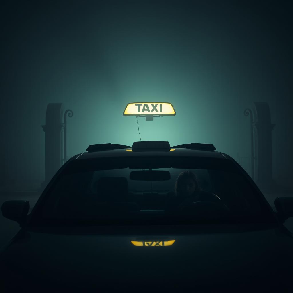 A taxi driver picking up a mysterious woman outside a foggy cemetery at night, featuring cinematic lighting that creates a dark and immersive atmosphere