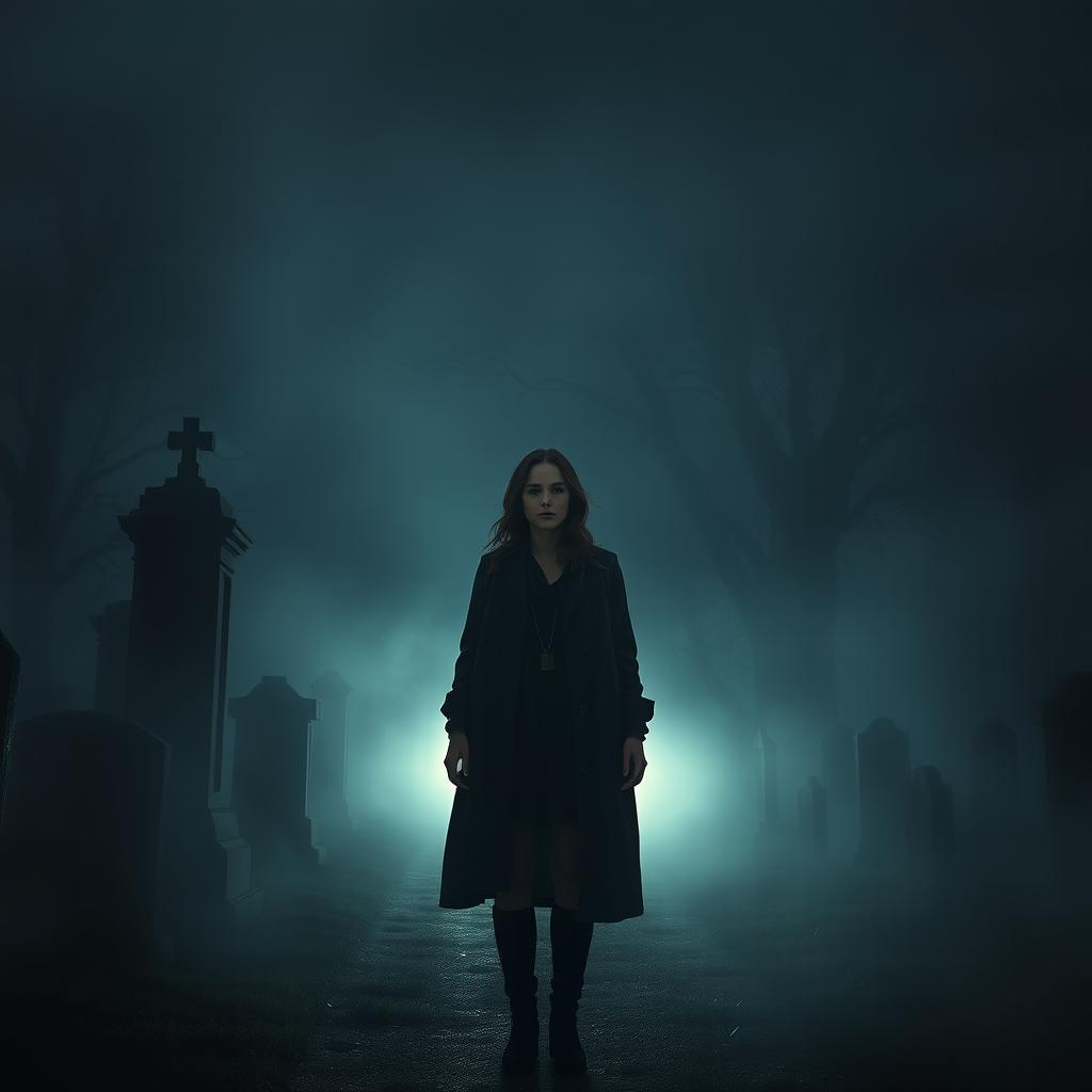 A woman standing outside a foggy cemetery at night, surrounded by a dark atmosphere filled with swirling mist