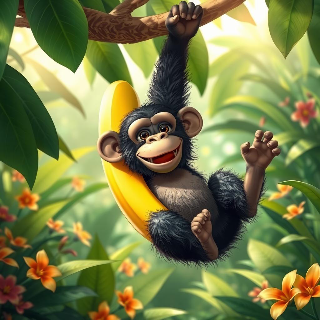 A whimsical scene featuring a playful chimpanzee with a quirky twist - its body is made of a banana
