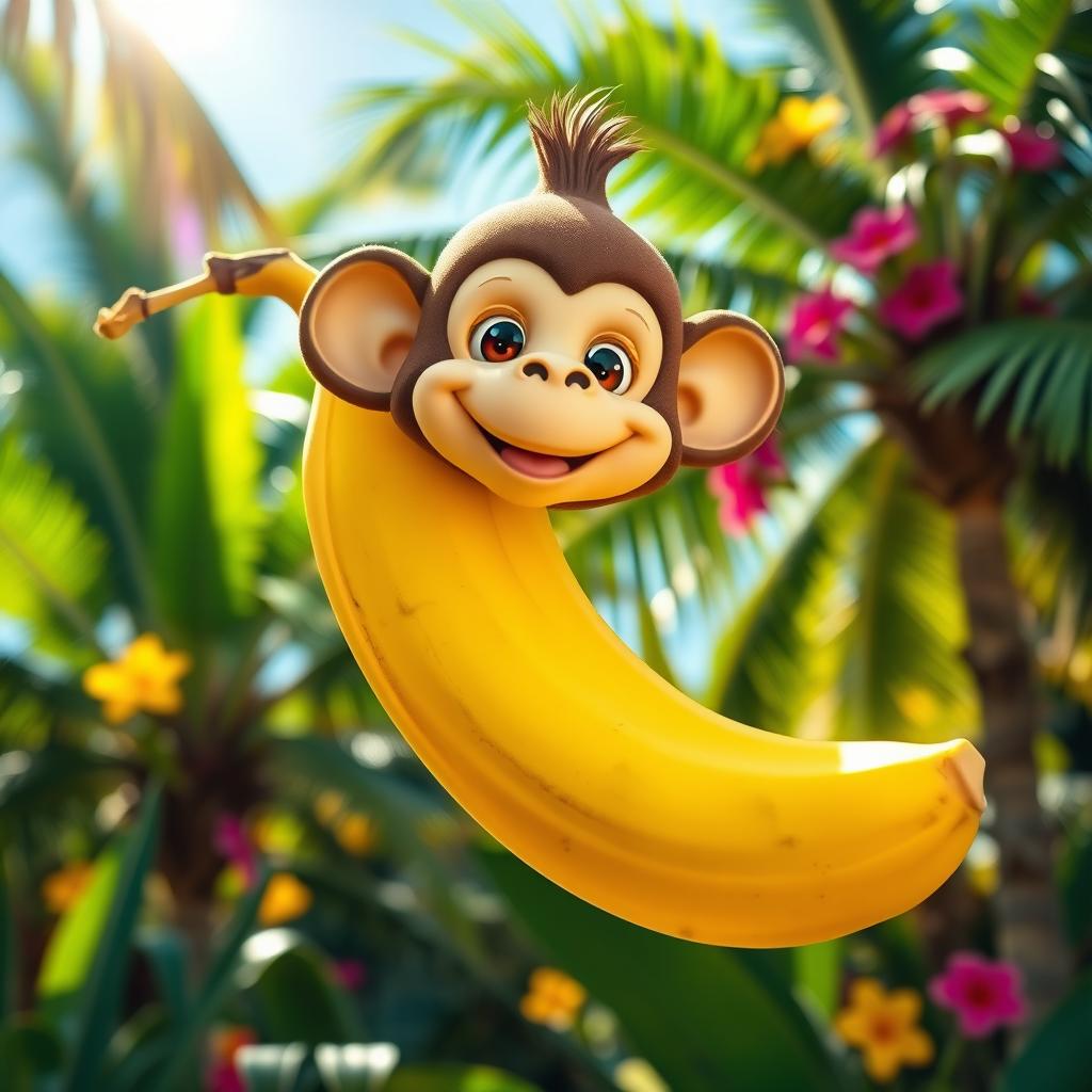 A whimsical and playful scene featuring a banana with a monkey head