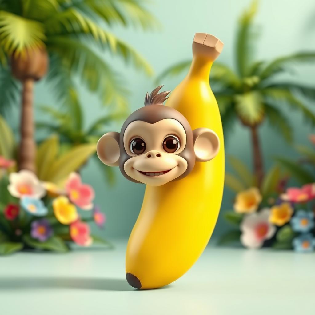 A whimsical 3D rendering of a banana with a monkey head