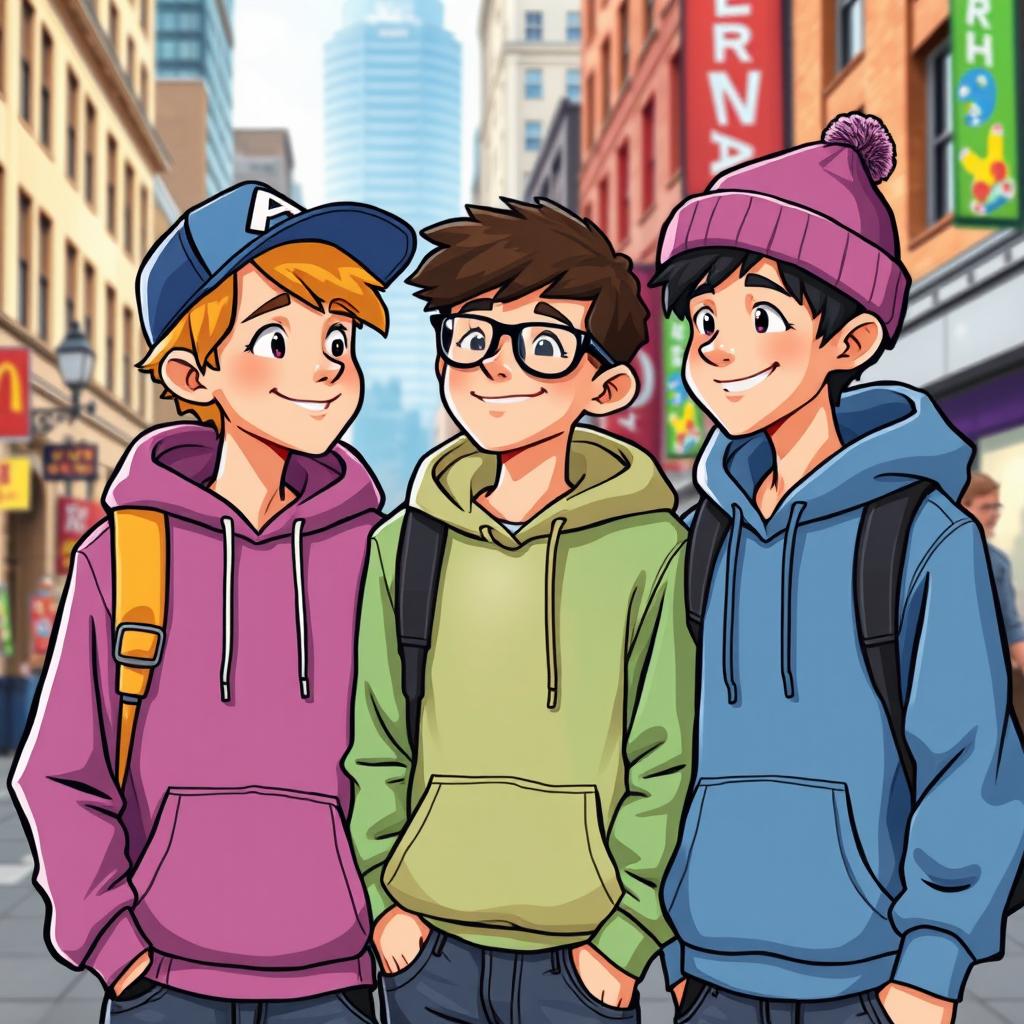 A vibrant, colorful cartoon depicting three teenagers standing together on a city street
