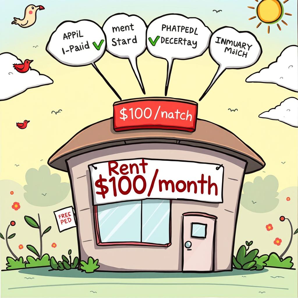 A colorful cartoon scene depicting a whimsical office building with a large sign that says 'Rent $100/month' prominently displayed