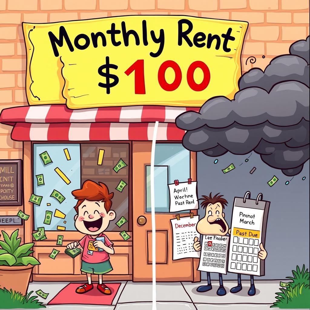 A colorful cartoon scene depicting a small business, such as a quaint shop or cafe, with a large sign that reads 'Monthly Rent: $100'