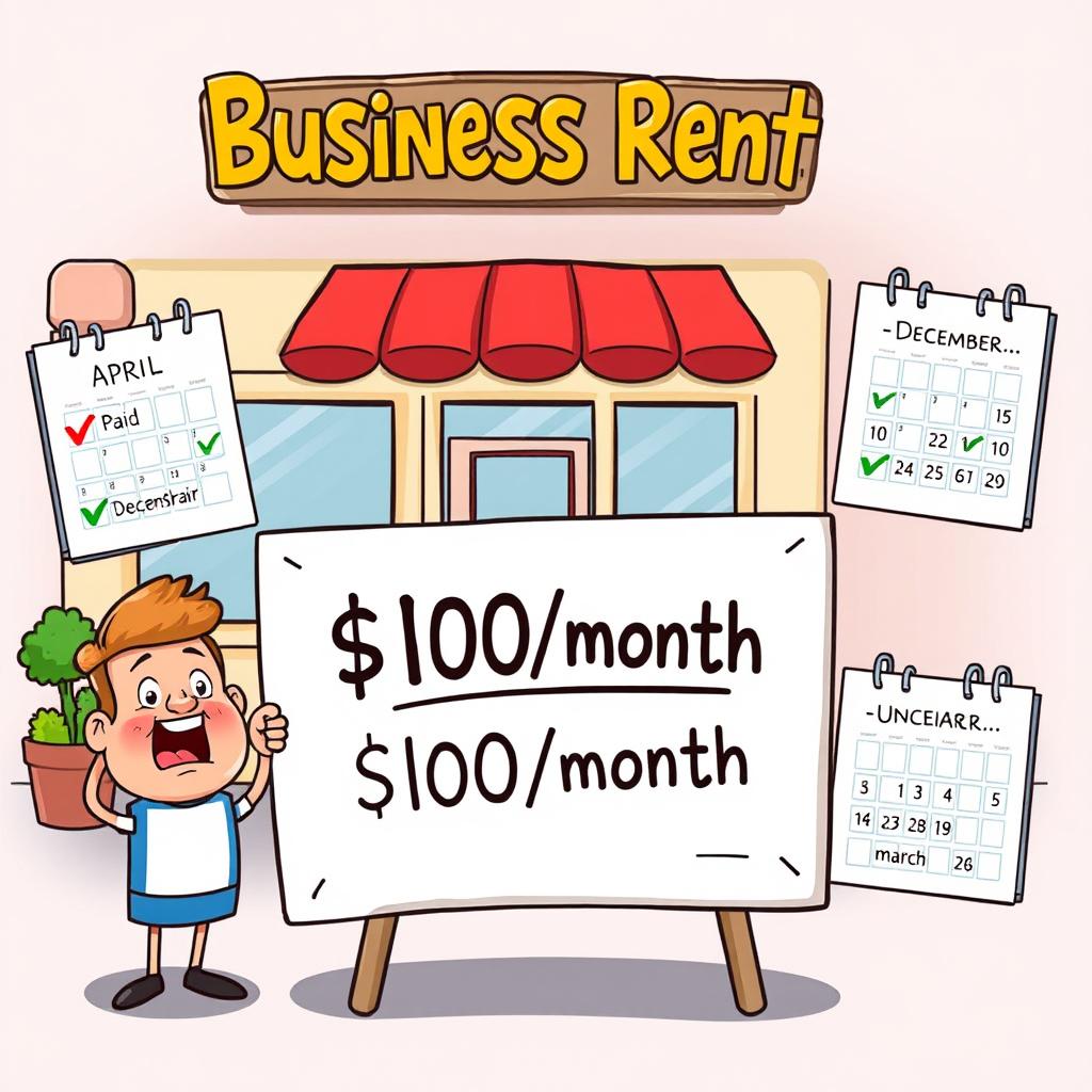 A colorful and fun cartoon illustration depicting a scene related to business rent