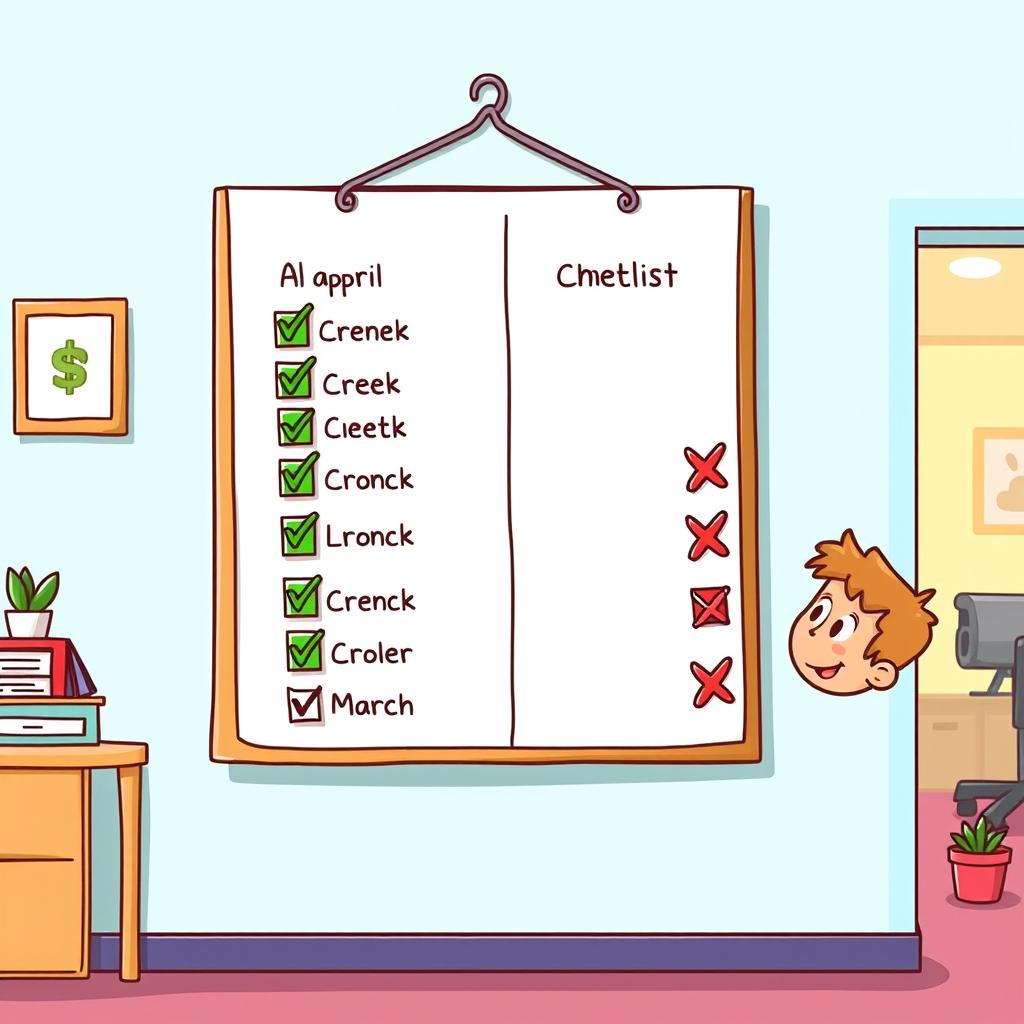 A colorful cartoon illustration featuring a large checklist on a wall