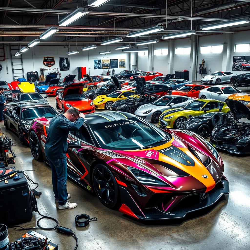A detailed scene showcasing an automotive customization shop filled with various car models undergoing modification