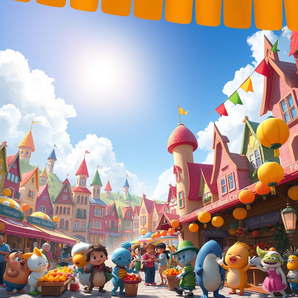 A whimsical and colorful scene of a lively and bustling fantasy city