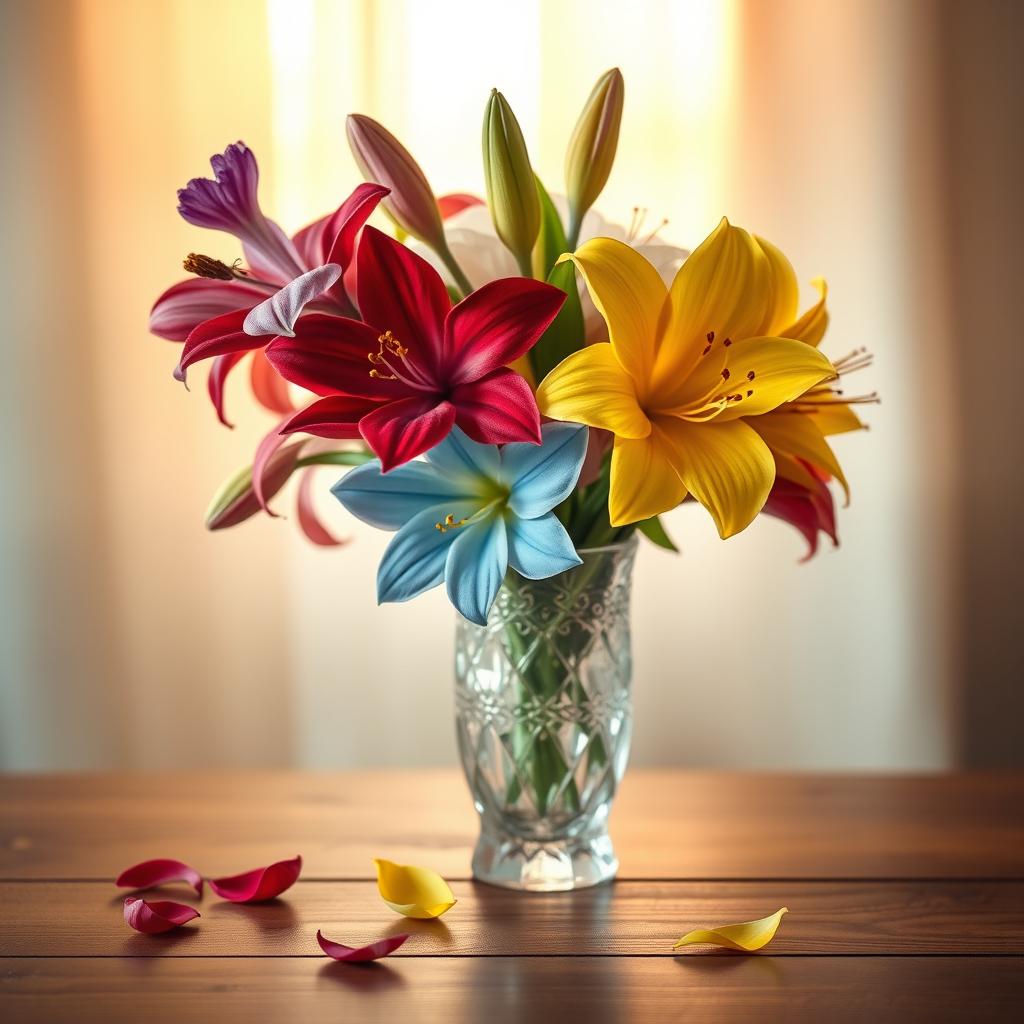 A beautifully arranged aesthetic scene featuring an elegant still life of exotic flowers in vibrant colors, including deep reds, soft blues, and sunny yellows, set against a soft, blurred background