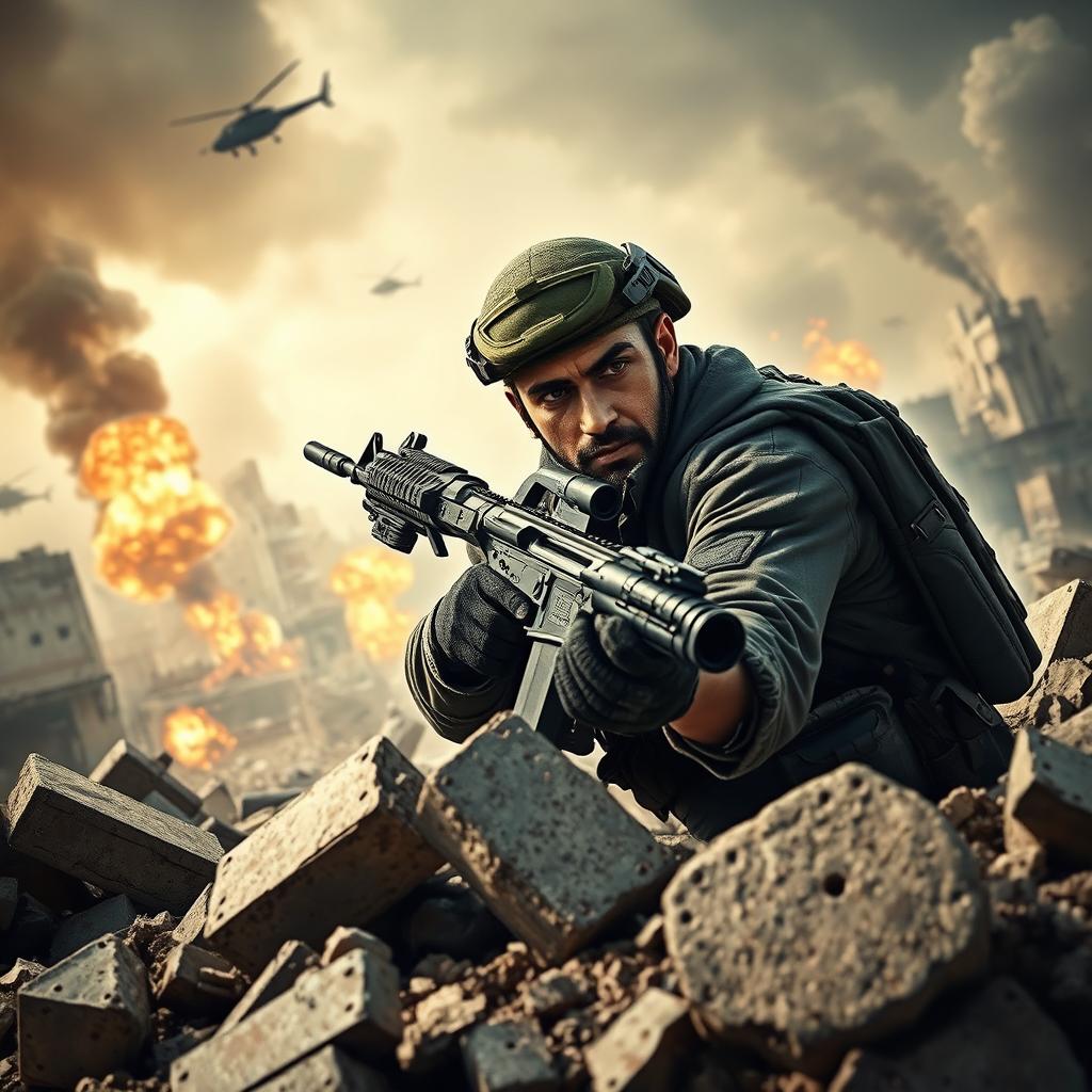An intense battlefield scene inspired by 'Call of Duty', featuring a soldier in military gear taking cover behind debris in a war-torn city