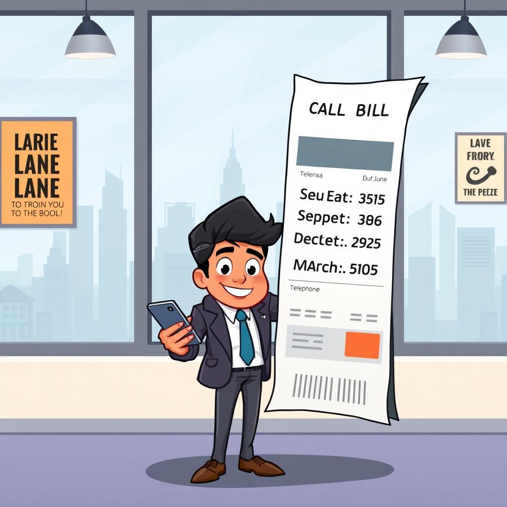 A cartoon character named Salman, depicted as a stylish businessman with a confident smile, standing next to a large telephone bill prominently displaying the due dates of June, September, December, and March