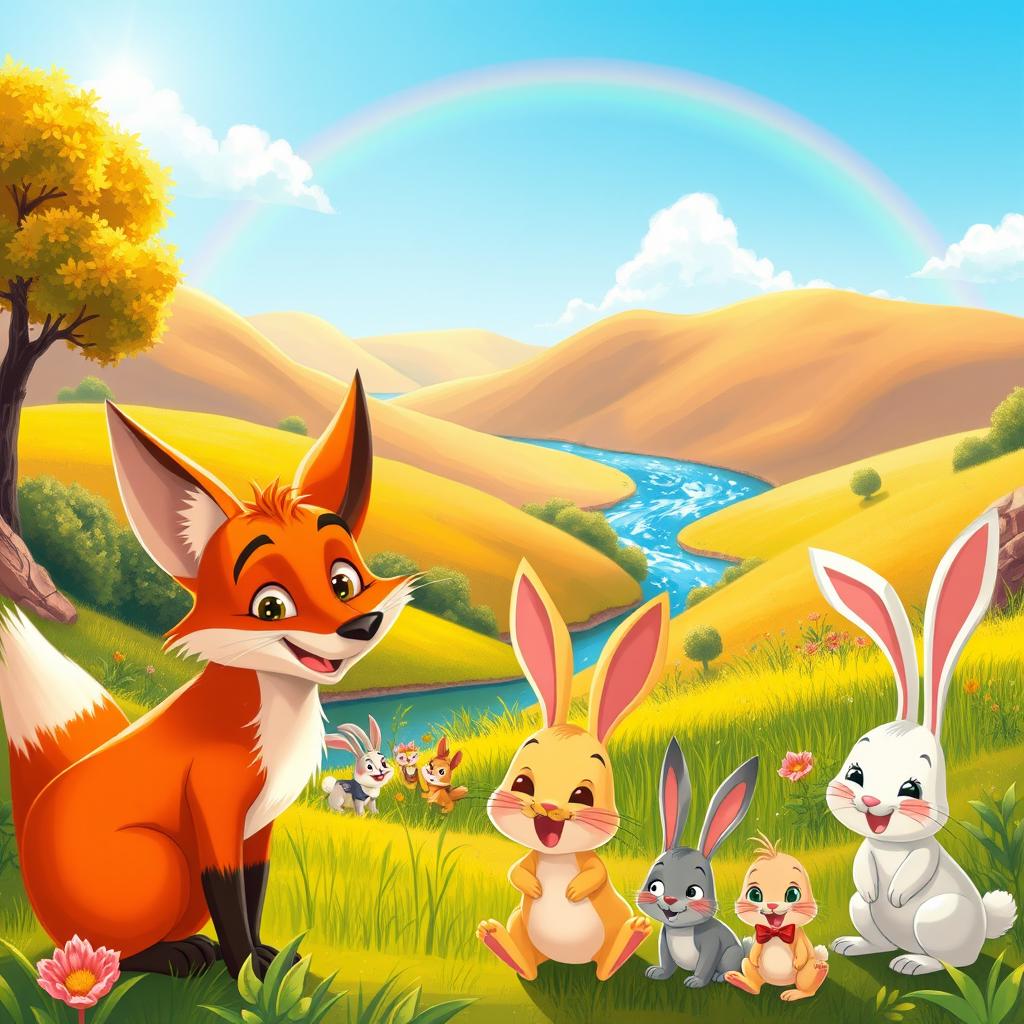 A vibrant, colorful scene inspired by classic animation movies, featuring a whimsical fantasy landscape with talking animals and lush vegetation