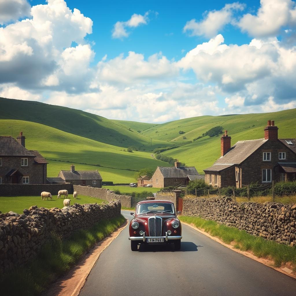 A picturesque scene capturing the essence of a Yorkshire road, featuring rolling green hills in the background, a narrow winding road lined with dry stone walls, and traditional stone cottages dotting the landscape