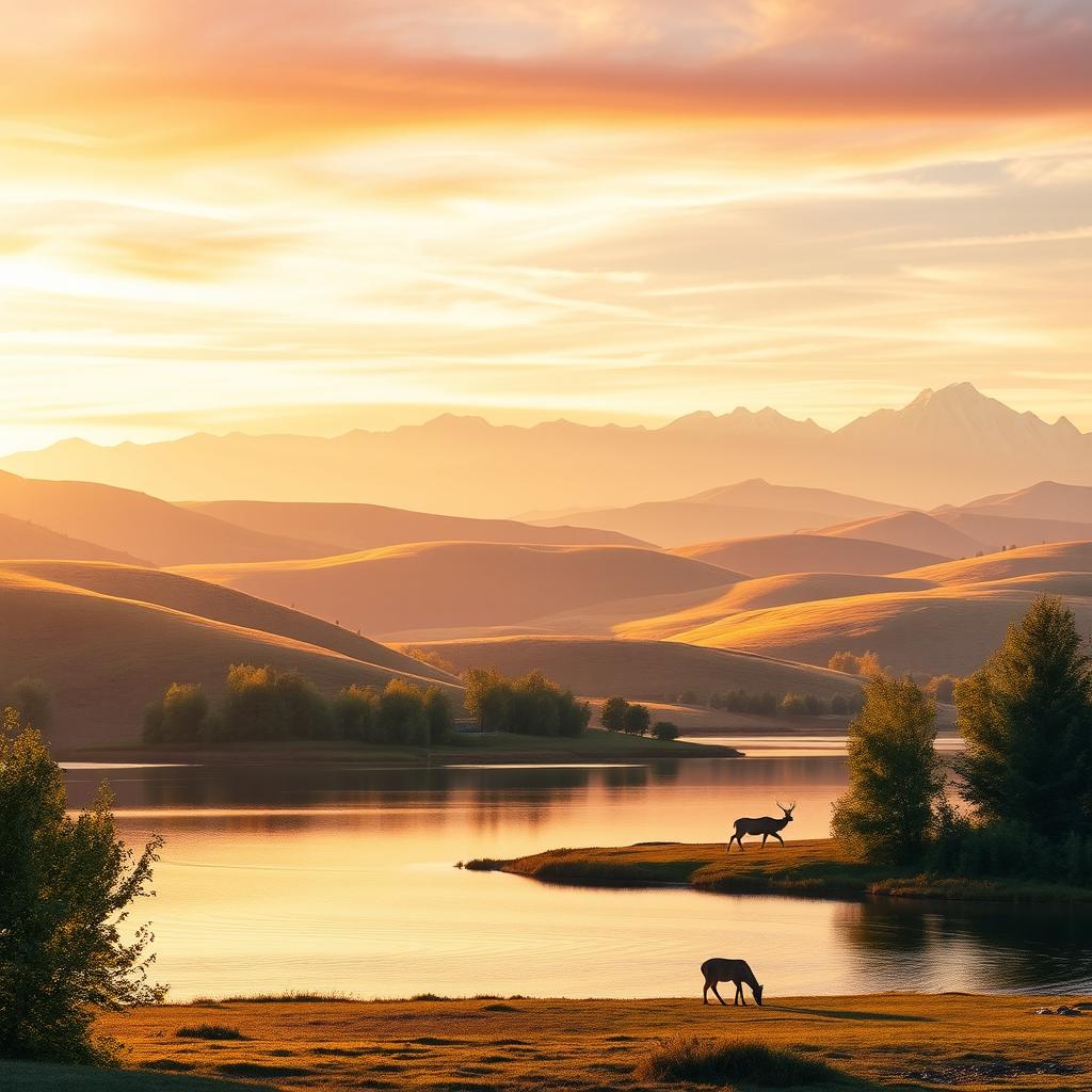 A serene landscape at dawn featuring rolling hills bathed in soft golden light