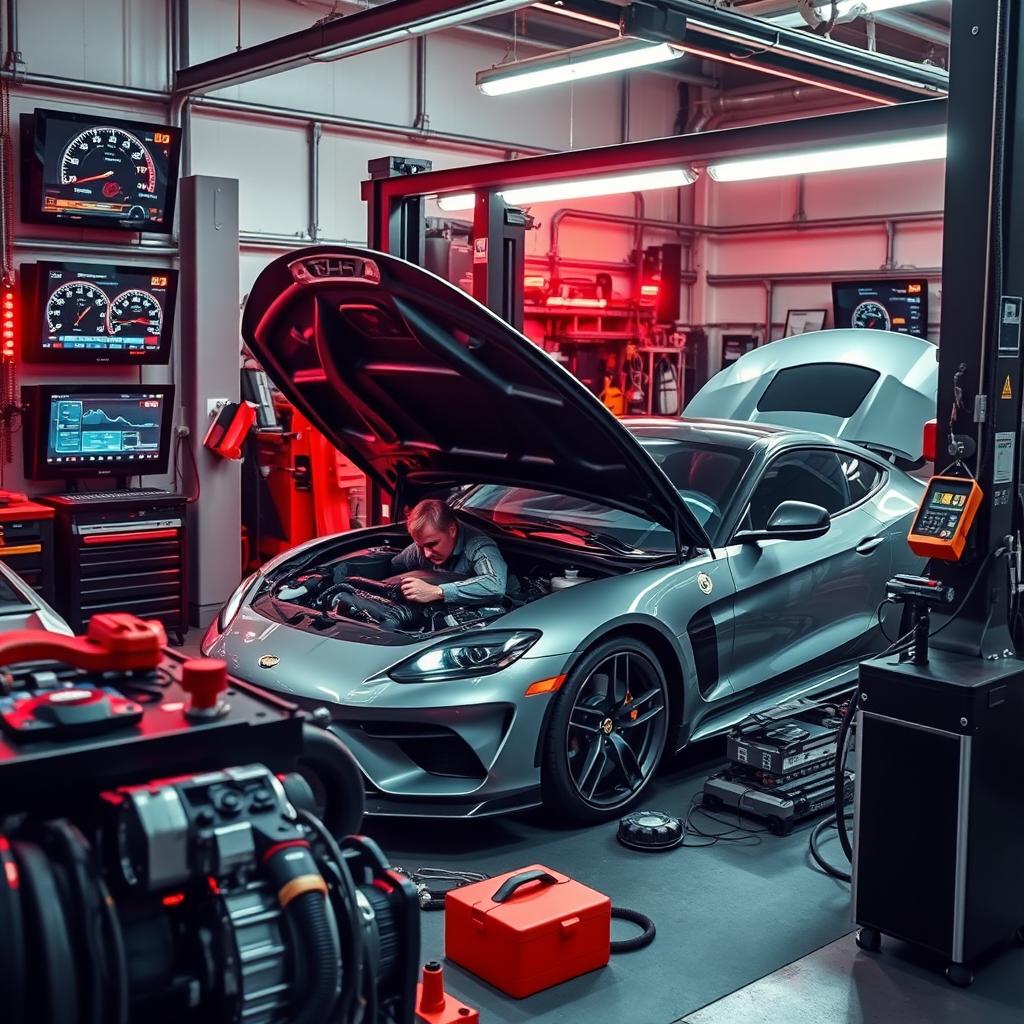 A dynamic scene of a car being tuned in a modern garage setting, showcasing an automotive workshop filled with tools, engine components, and advanced tuning equipment